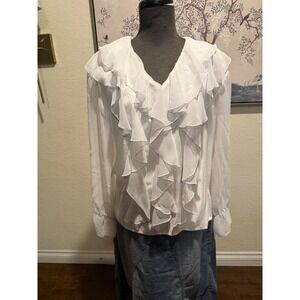 2XS Vintage White Ruffle V-Neck Long Sleeve Blouse Top Medium Made in USA